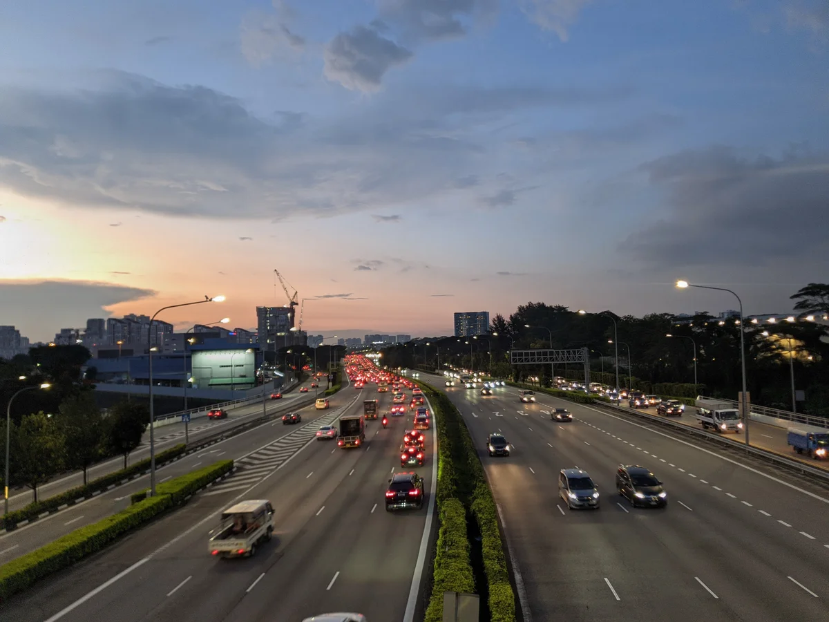 On overhead bridge watching vehicles